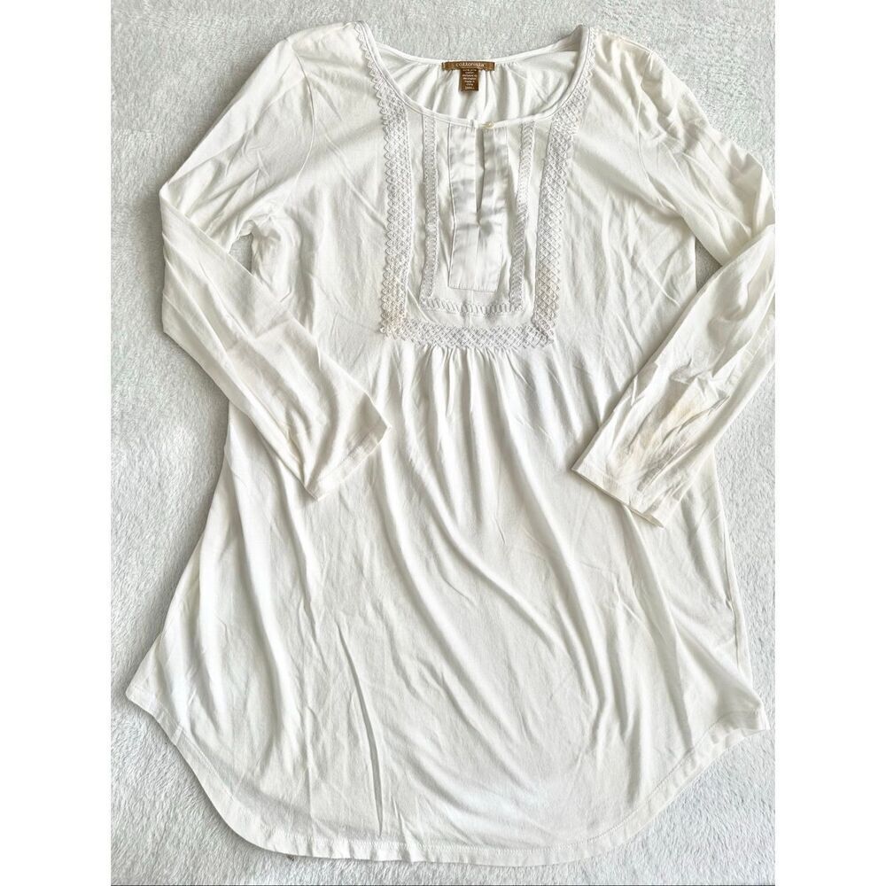 Cottonista White Embroidered Long Sleeve Tunic Top | Pima Cotton | S